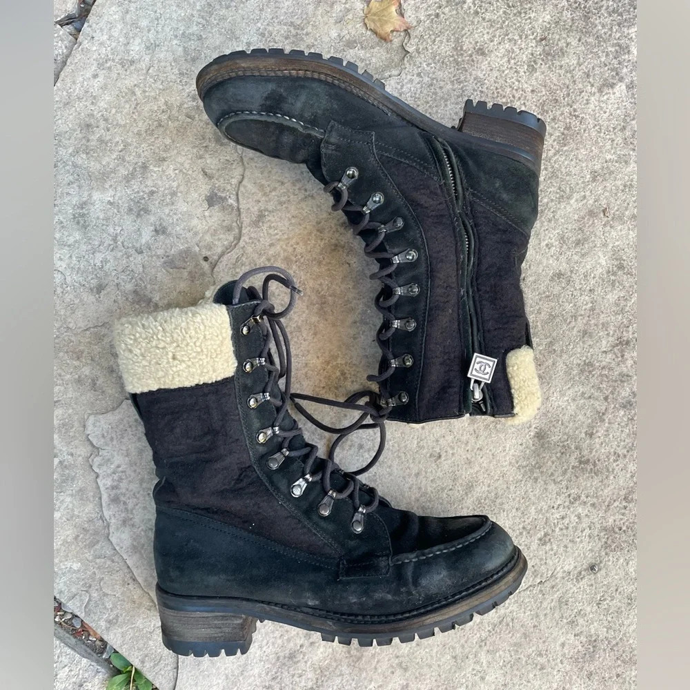 Chanel Black  Wool, Suede & Shearling Lace up Combat Boots, Size 39